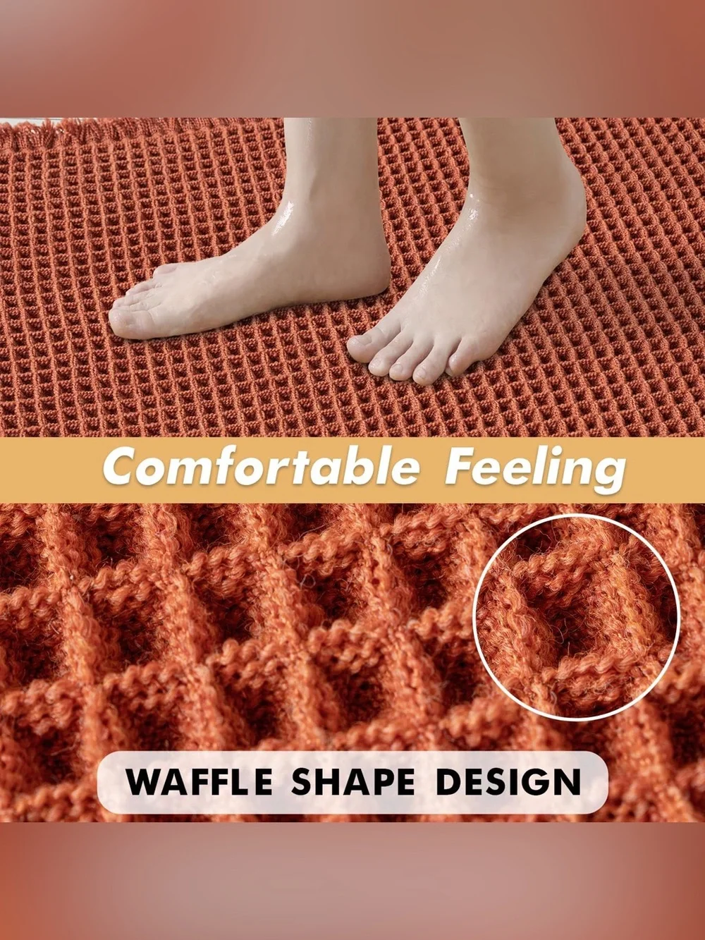MIULEE Orange Waffle Bath Mat – Boho Style, Non-Slip, Washable, Super-Absorbent